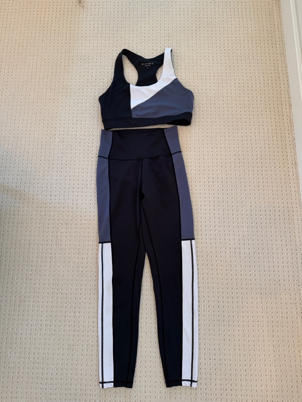All Fenix Black, Periwinkle Blue and White  Colorblock Sports Bra/Legging Set